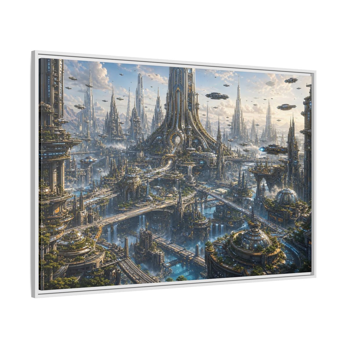 Side Mockup 7. Science Fiction Futuristic City Blue And Grey City shown as stretched canvas wall art