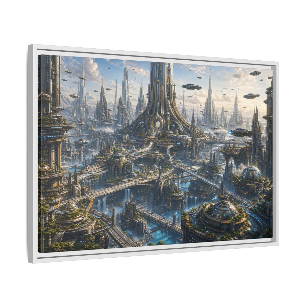 Side Mockup 10. Science Fiction Futuristic City Blue And Grey City shown as stretched canvas wall art