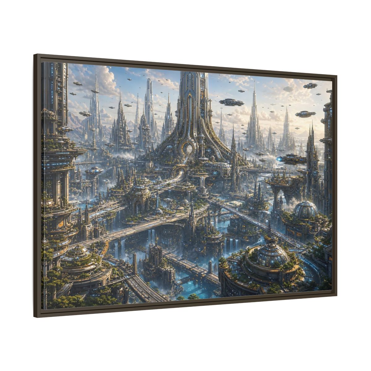 Side Mockup 8. Science Fiction Futuristic City Blue And Grey City shown as stretched canvas wall art