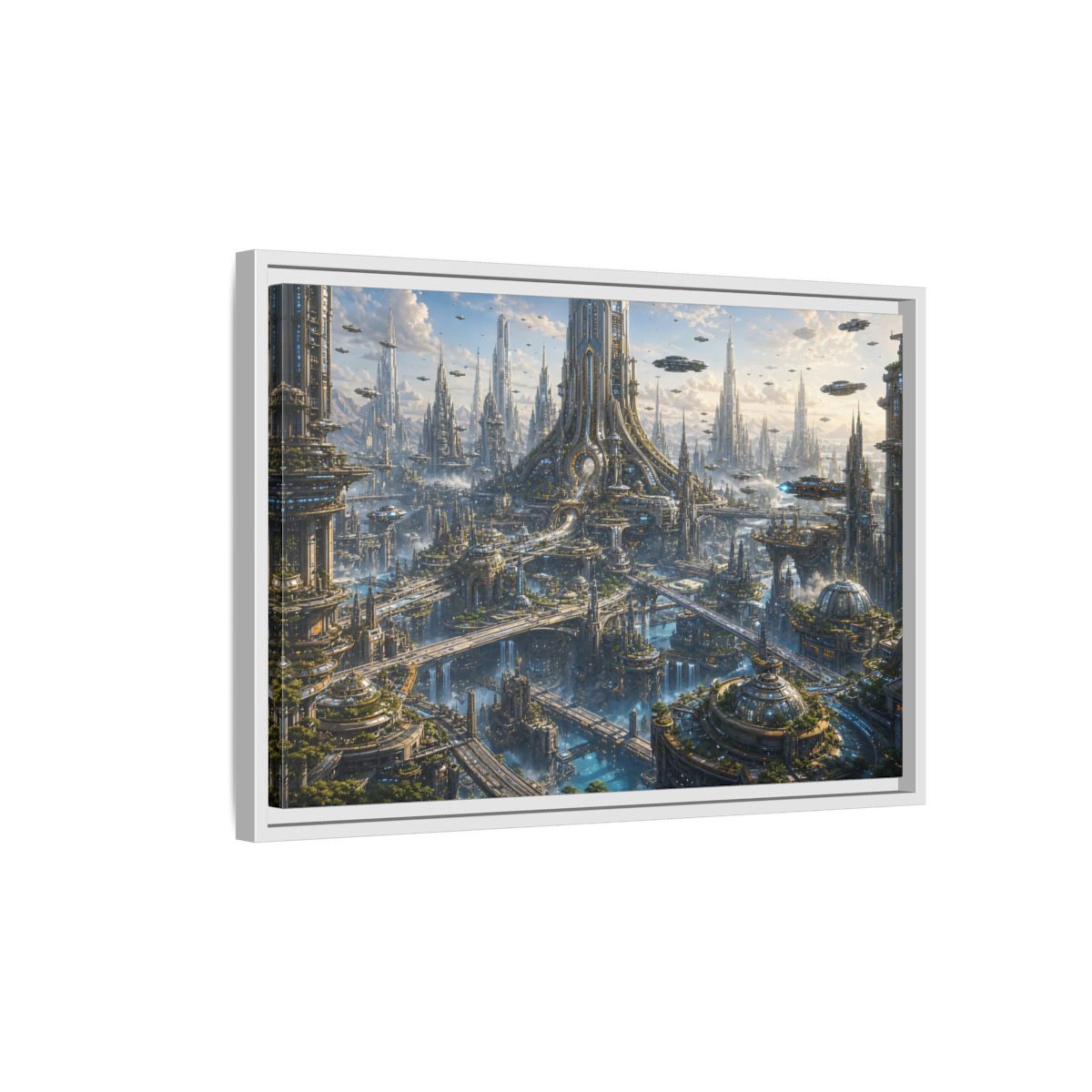 Side Mockup 1. Science Fiction Futuristic City Blue And Grey City shown as stretched canvas wall art
