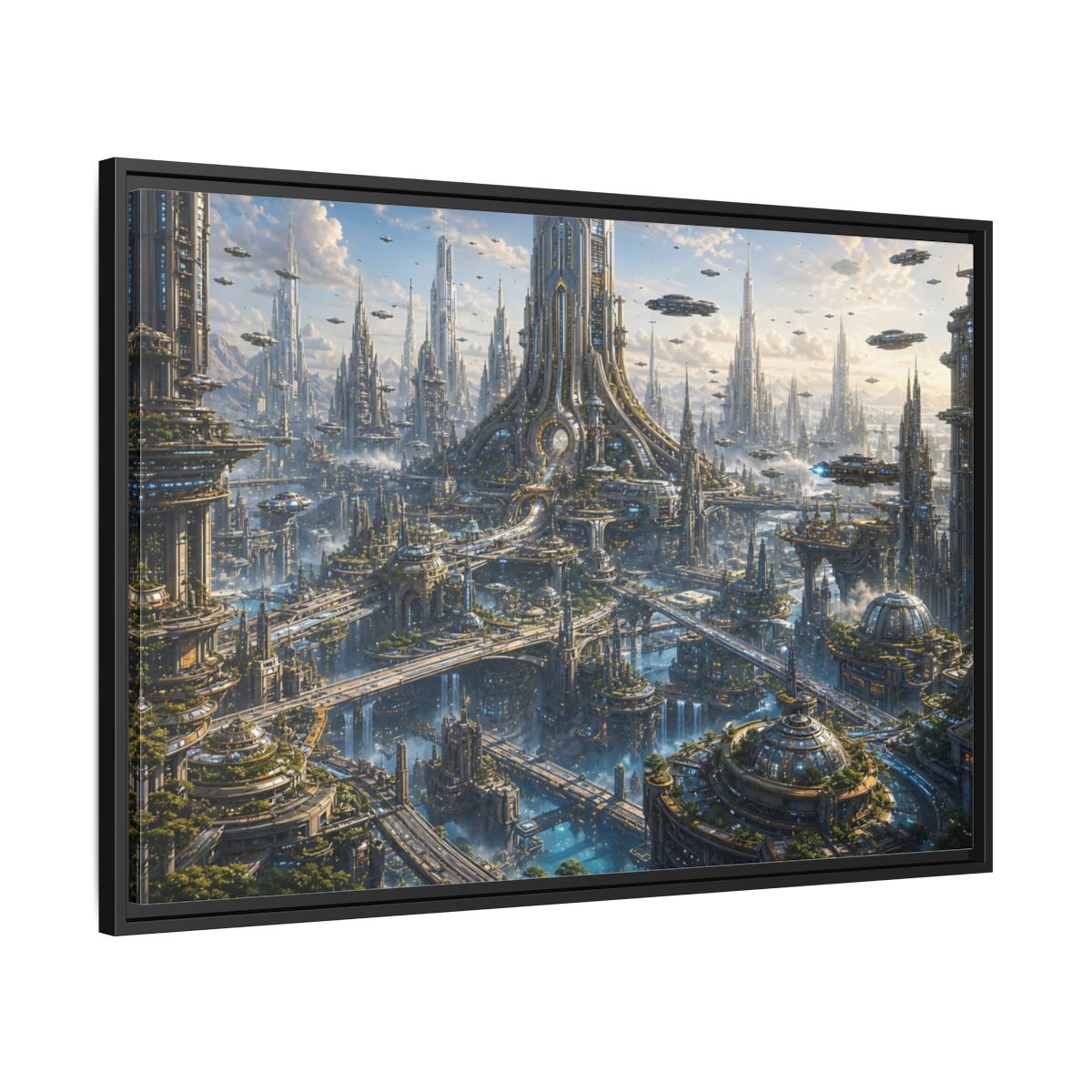 Side Mockup 13. Science Fiction Futuristic City Blue And Grey City shown as stretched canvas wall art