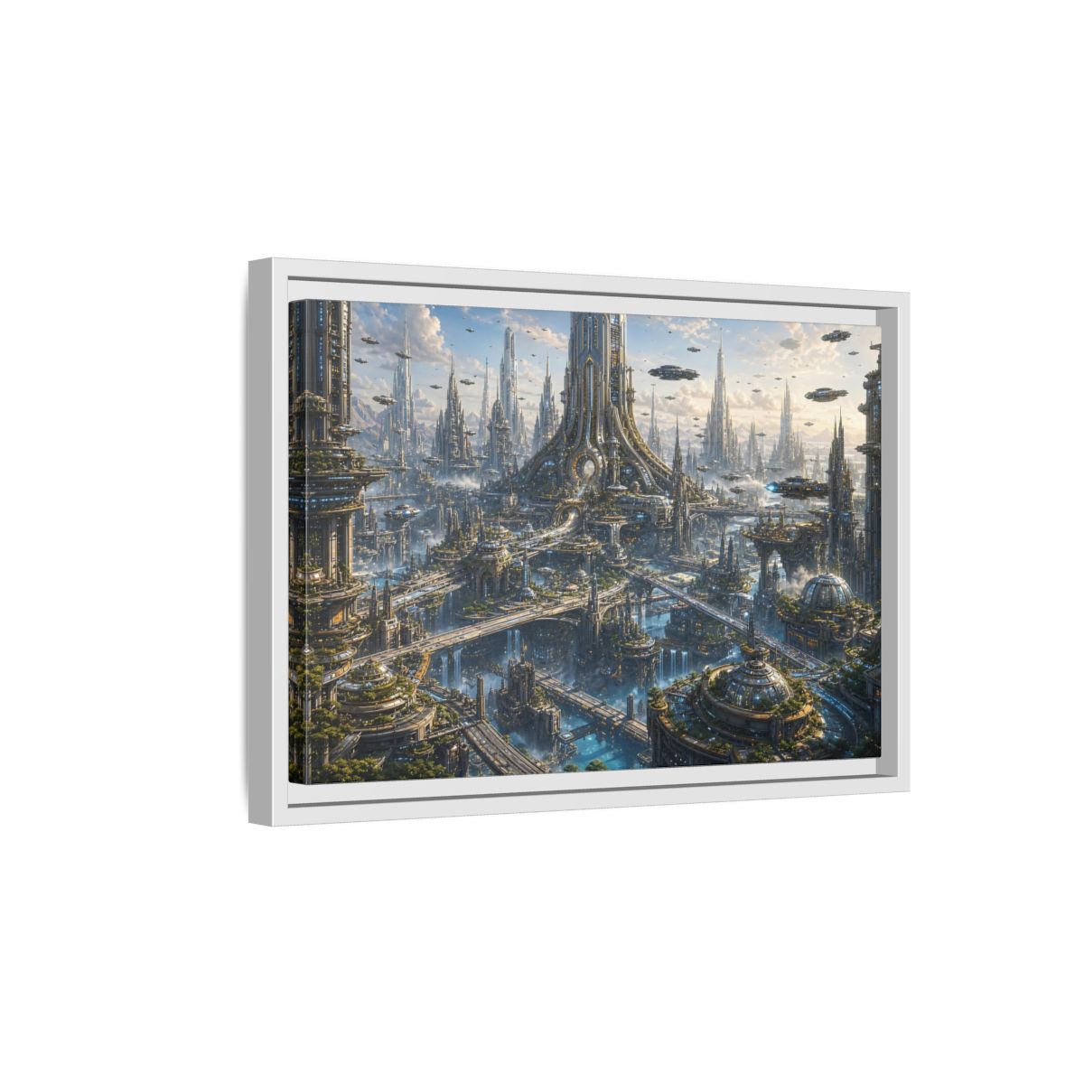 Side Mockup 4. Science Fiction Futuristic City Blue And Grey City shown as stretched canvas wall art