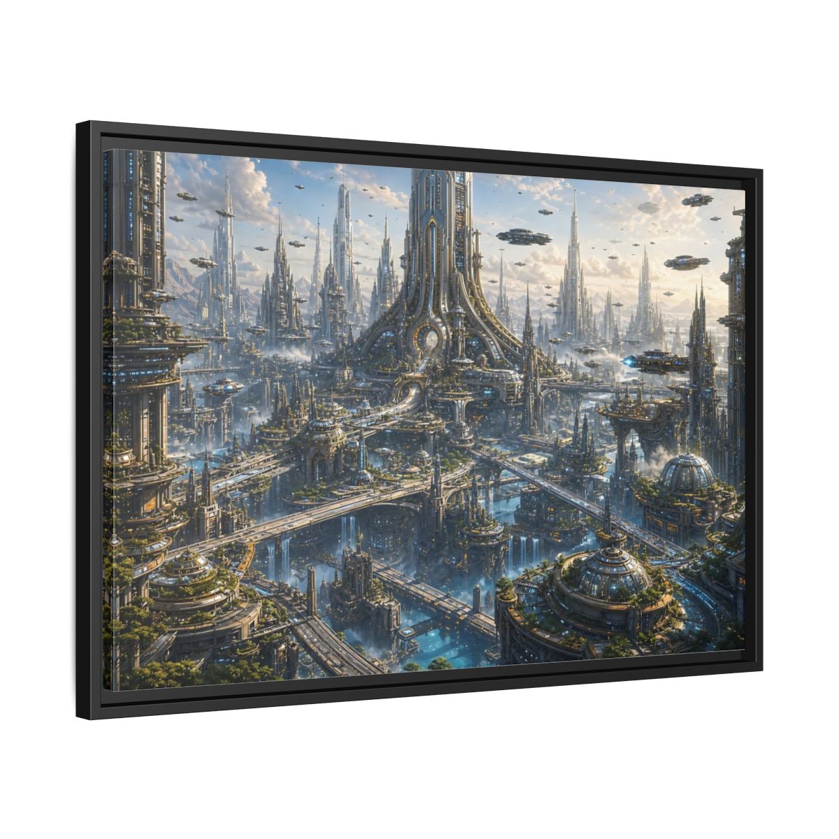 Side Mockup 14. Science Fiction Futuristic City Blue And Grey City shown as stretched canvas wall art