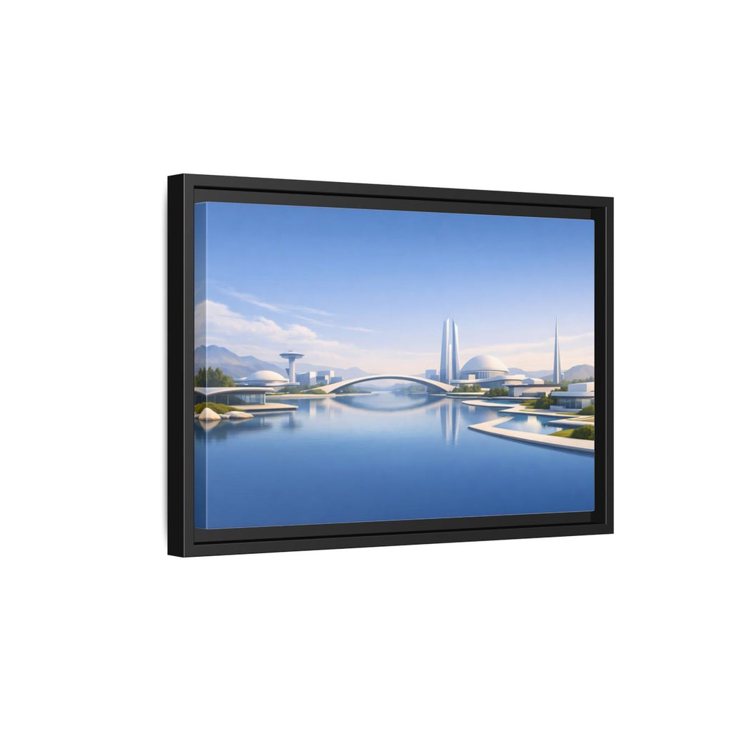 Side Mockup 6. Science Fiction Futuristic City Blue And White Cityscape shown as stretched canvas wall art