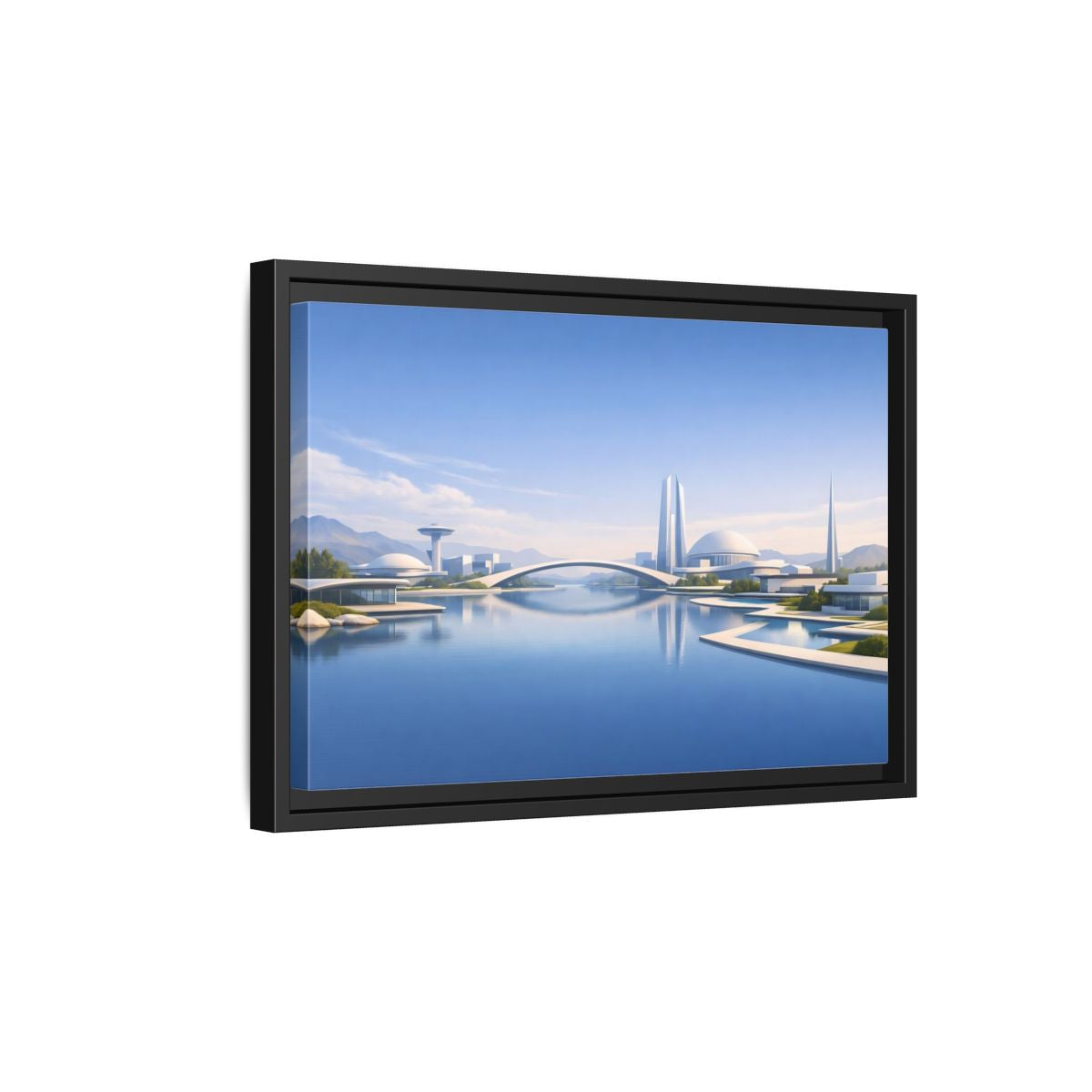 Side Mockup 6. Science Fiction Futuristic City Blue And White Cityscape shown as stretched canvas wall art