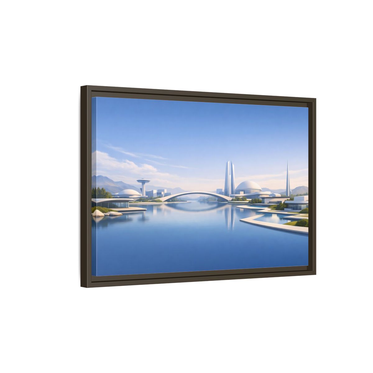 Side Mockup 2. Science Fiction Futuristic City Blue And White Cityscape shown as stretched canvas wall art