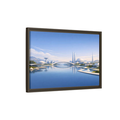 Side Mockup 2. Science Fiction Futuristic City Blue And White Cityscape shown as stretched canvas wall art