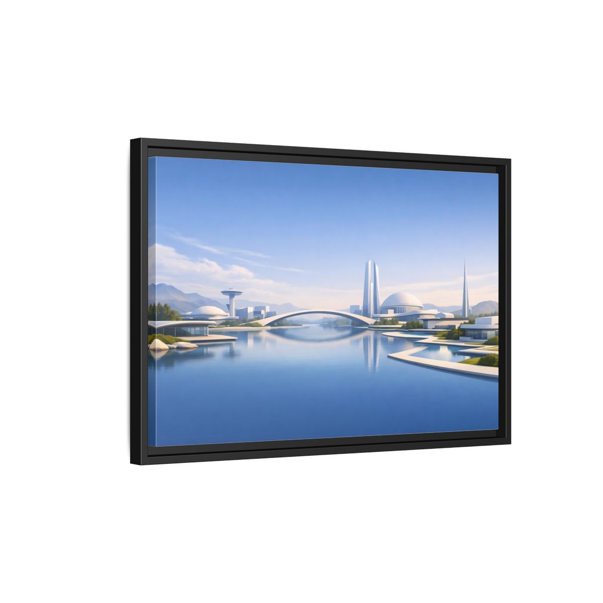 Side Mockup 3. Science Fiction Futuristic City Blue And White Cityscape shown as stretched canvas wall art