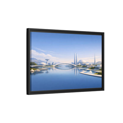 Side Mockup 3. Science Fiction Futuristic City Blue And White Cityscape shown as stretched canvas wall art