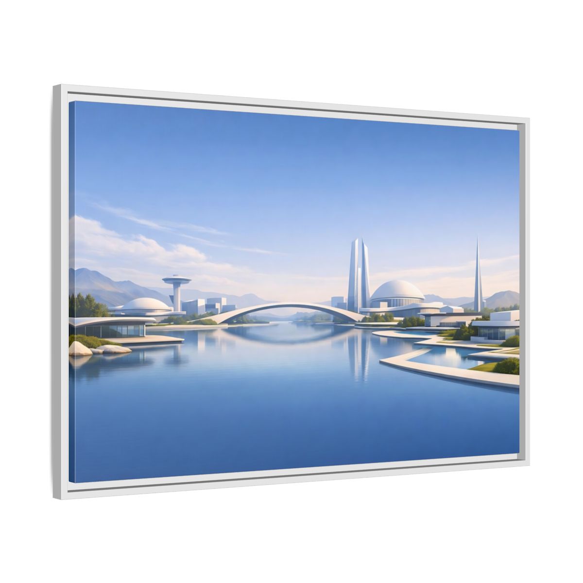 Side Mockup 9. Science Fiction Futuristic City Blue And White Cityscape shown as stretched canvas wall art