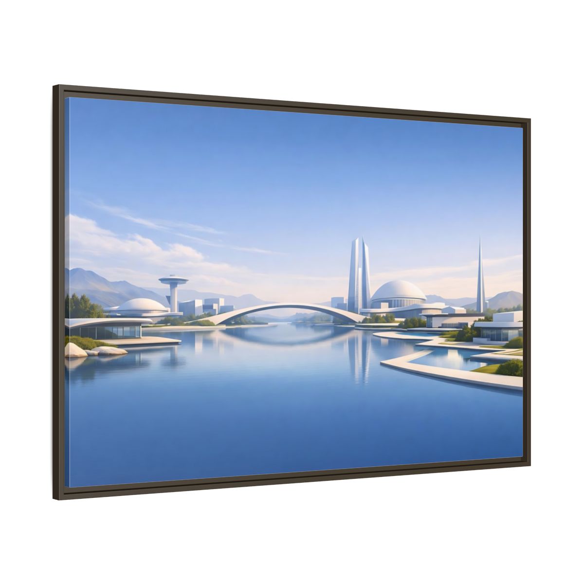 Side Mockup 8. Science Fiction Futuristic City Blue And White Cityscape shown as stretched canvas wall art