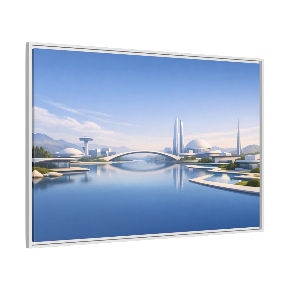 Side Mockup 7. Science Fiction Futuristic City Blue And White Cityscape shown as stretched canvas wall art