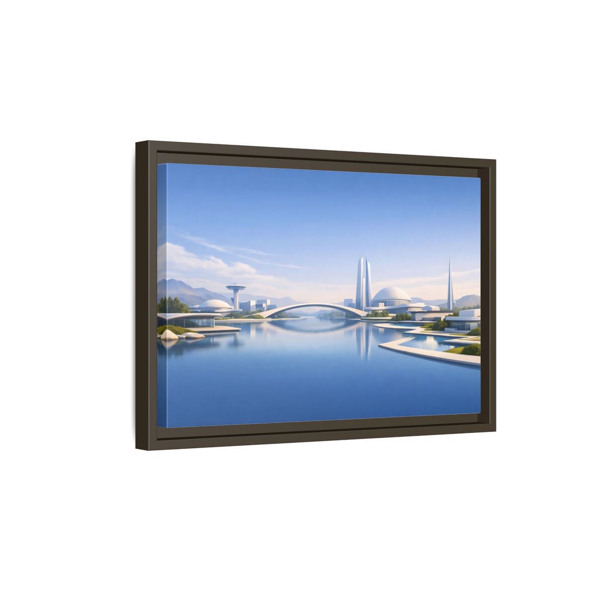 Side Mockup 5. Science Fiction Futuristic City Blue And White Cityscape shown as stretched canvas wall art