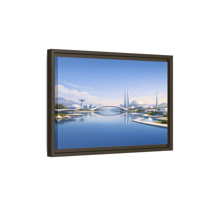 Side Mockup 5. Science Fiction Futuristic City Blue And White Cityscape shown as stretched canvas wall art