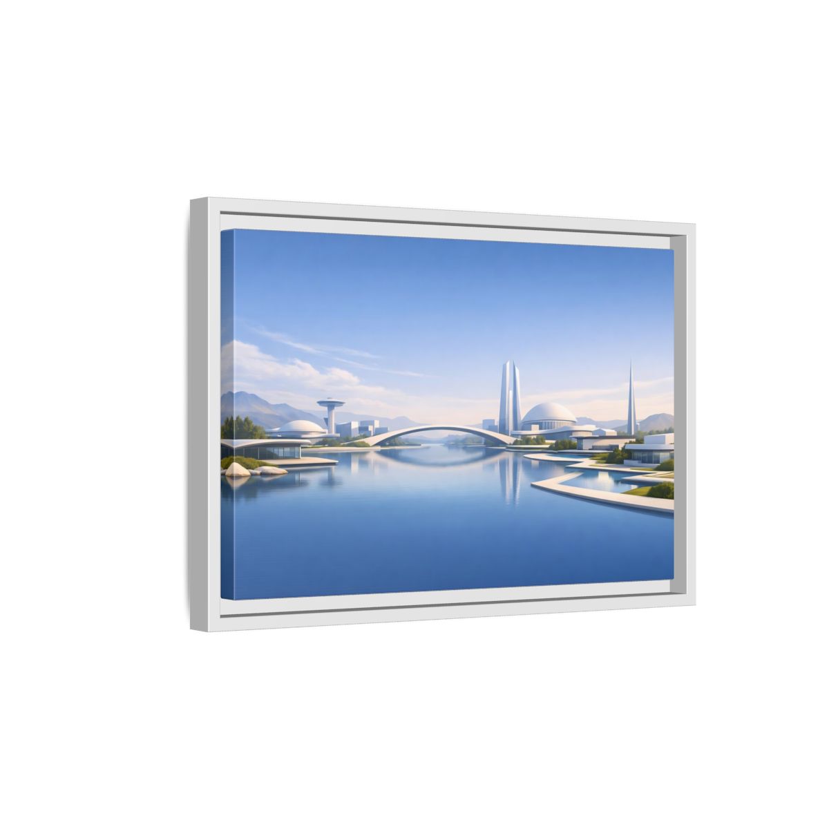 Side Mockup 4. Science Fiction Futuristic City Blue And White Cityscape shown as stretched canvas wall art