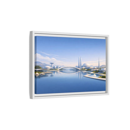 Side Mockup 4. Science Fiction Futuristic City Blue And White Cityscape shown as stretched canvas wall art