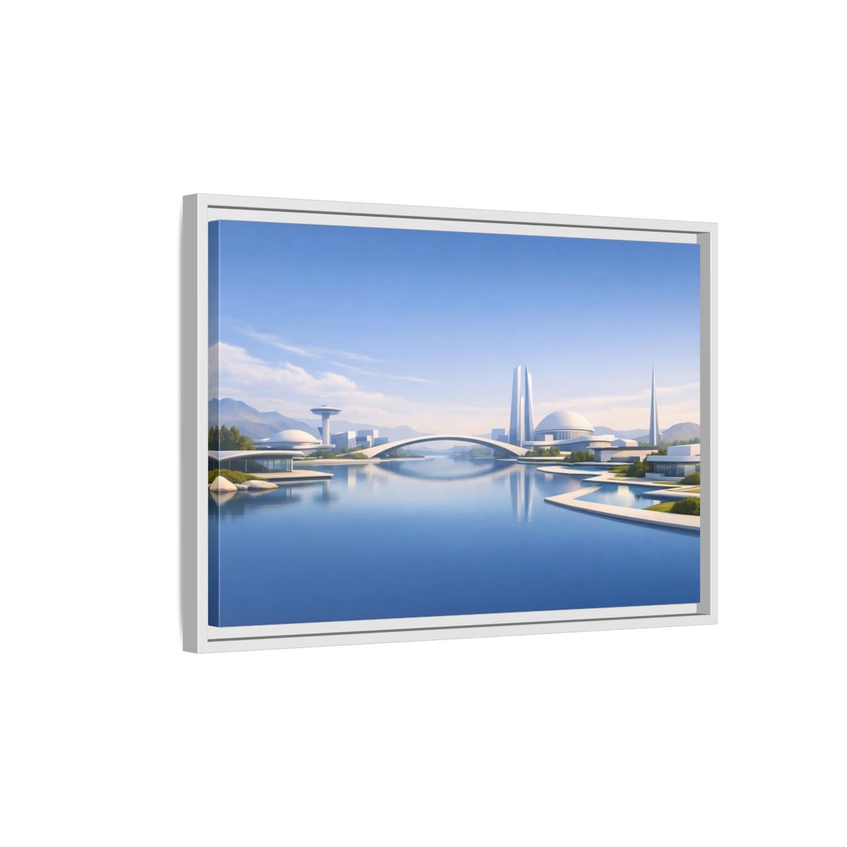 Side Mockup 1. Science Fiction Futuristic City Blue And White Cityscape shown as stretched canvas wall art