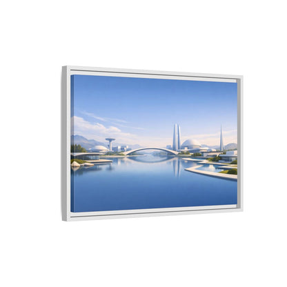 Side Mockup 1. Science Fiction Futuristic City Blue And White Cityscape shown as stretched canvas wall art