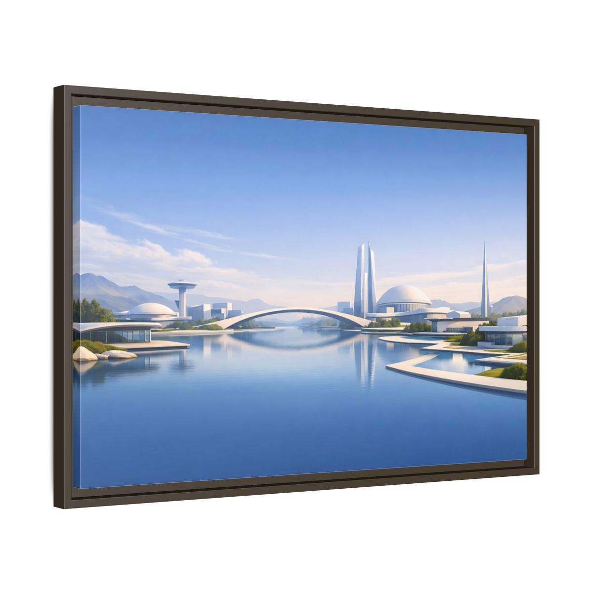 Side Mockup 11. Science Fiction Futuristic City Blue And White Cityscape shown as stretched canvas wall art