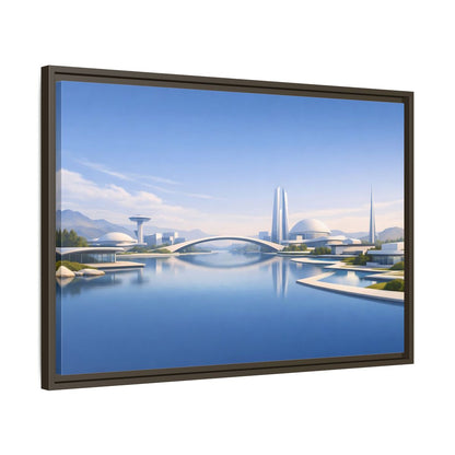 Side Mockup 11. Science Fiction Futuristic City Blue And White Cityscape shown as stretched canvas wall art