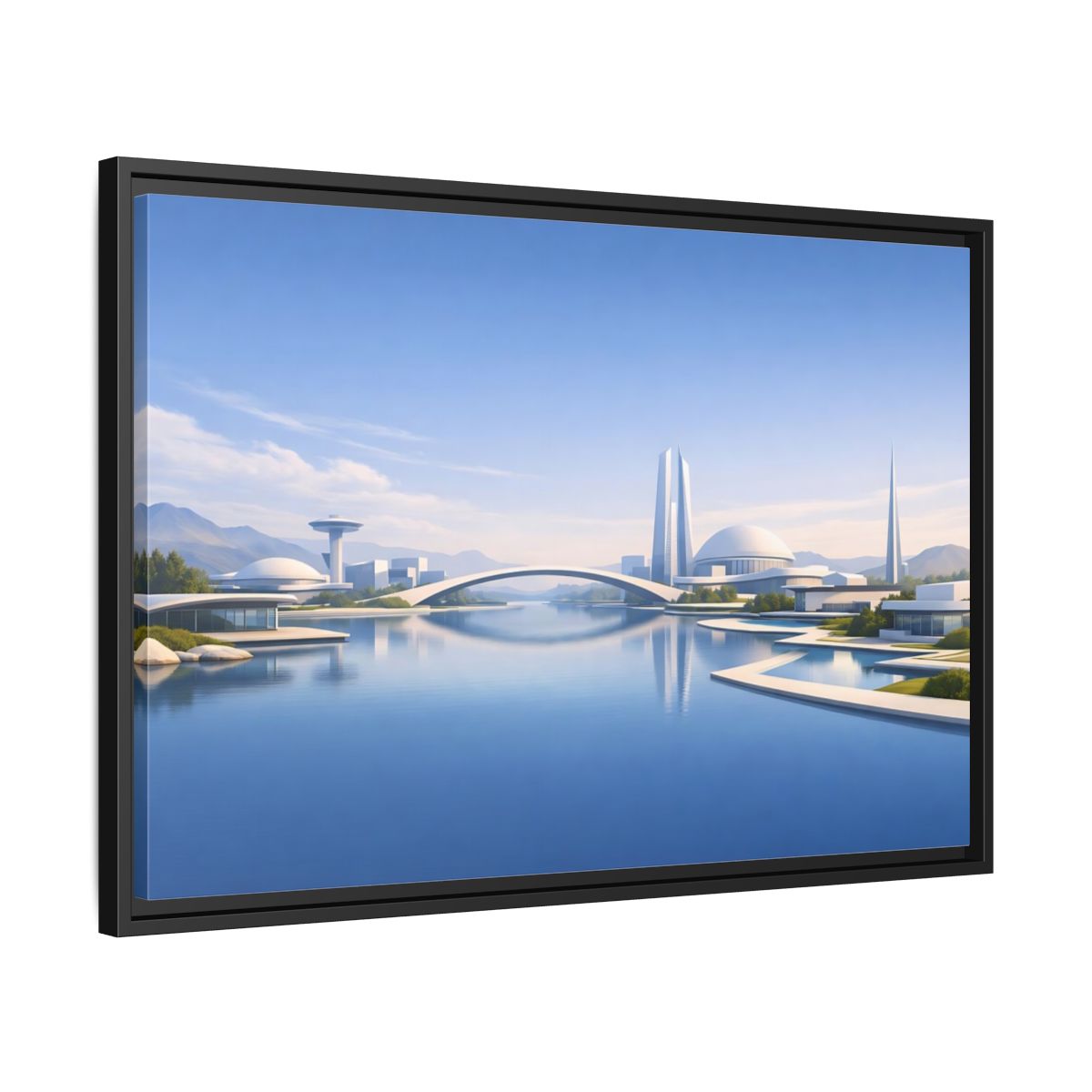 Side Mockup 14. Science Fiction Futuristic City Blue And White Cityscape shown as stretched canvas wall art