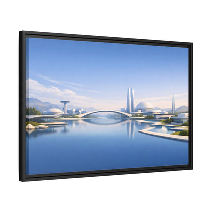 Side Mockup 14. Science Fiction Futuristic City Blue And White Cityscape shown as stretched canvas wall art
