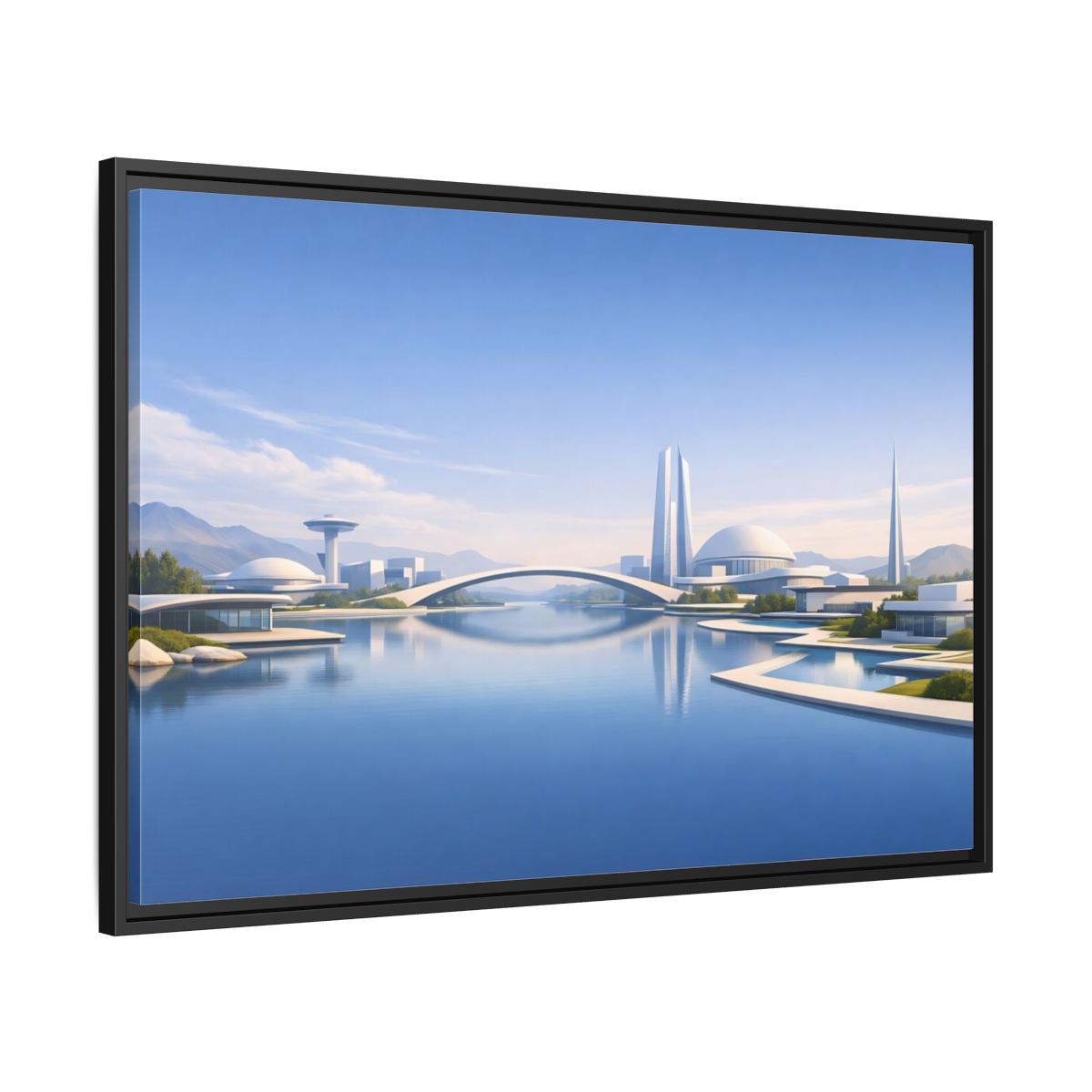 Side Mockup 13. Science Fiction Futuristic City Blue And White Cityscape shown as stretched canvas wall art