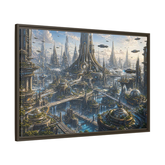 Main Mockup. Science Fiction Futuristic City Blue And Grey City shown as stretched canvas wall art