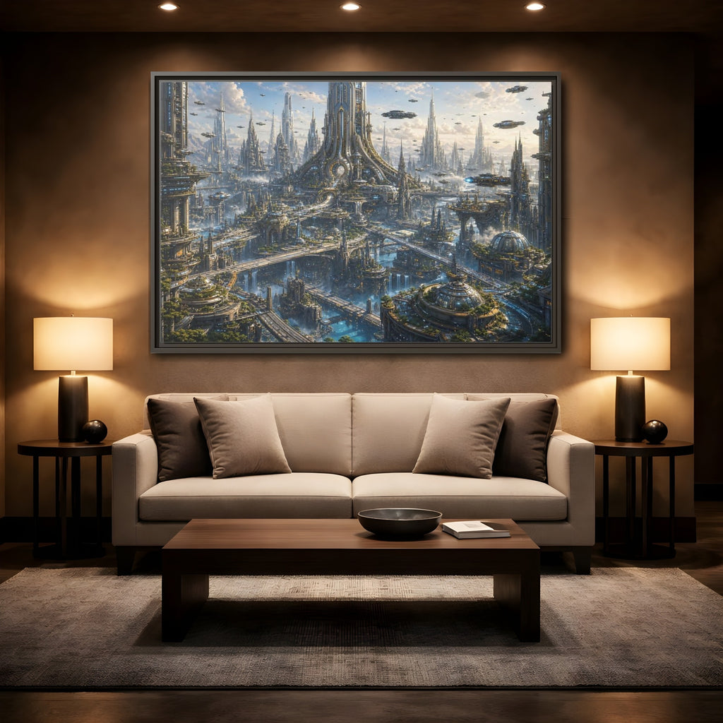 Mockup 2. Science Fiction Futuristic City Blue And Grey City shown as stretched canvas wall art