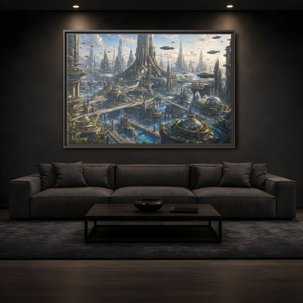 Mockup 3. Science Fiction Futuristic City Blue And Grey City shown as stretched canvas wall art