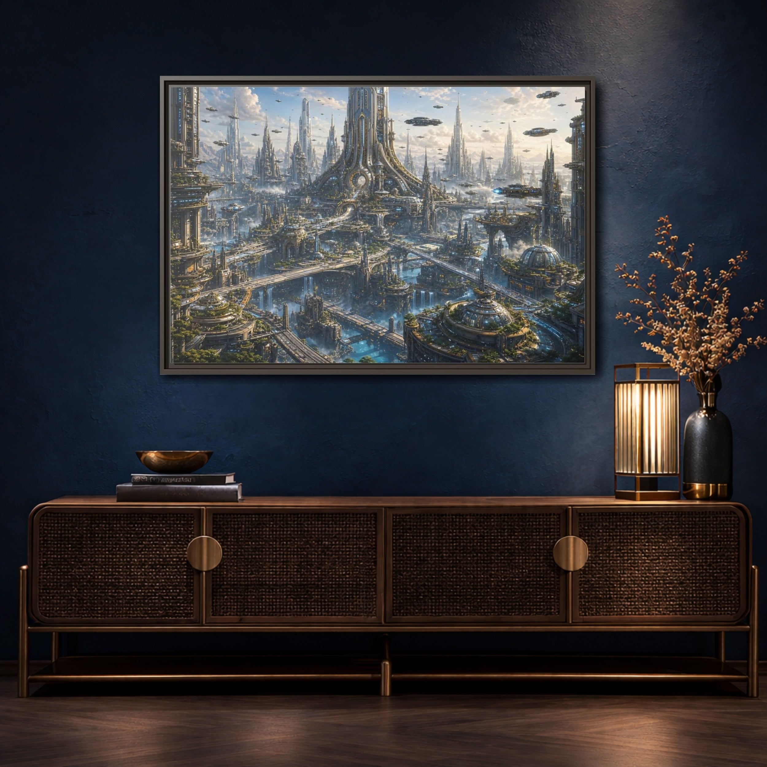 Mockup 4. Science Fiction Futuristic City Blue And Grey City shown as stretched canvas wall art