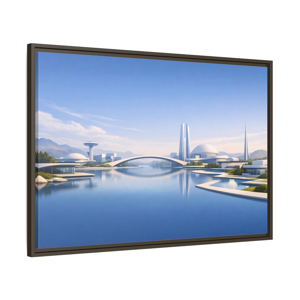 Main Mockup. Science Fiction Futuristic City Blue And White Cityscape shown as stretched canvas wall art