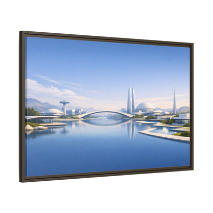 Main Mockup. Science Fiction Futuristic City Blue And White Cityscape shown as stretched canvas wall art
