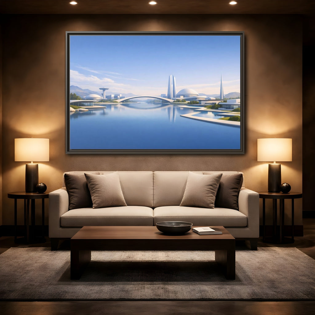Mockup 2. Science Fiction Futuristic City Blue And White Cityscape shown as stretched canvas wall art