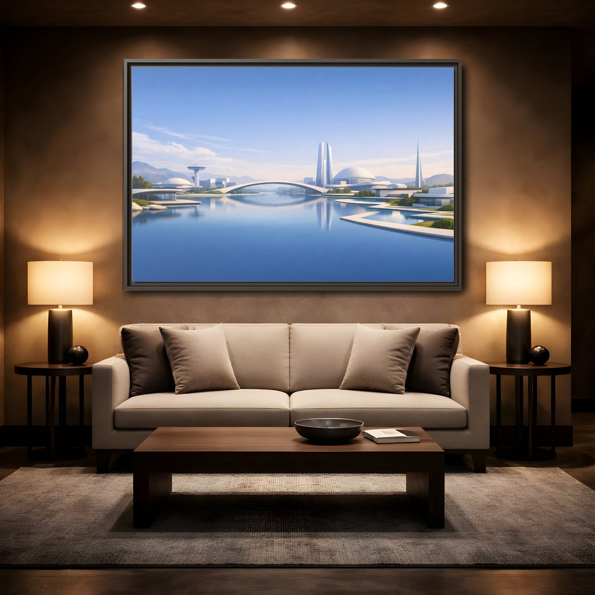 Mockup 2. Science Fiction Futuristic City Blue And White Cityscape shown as stretched canvas wall art