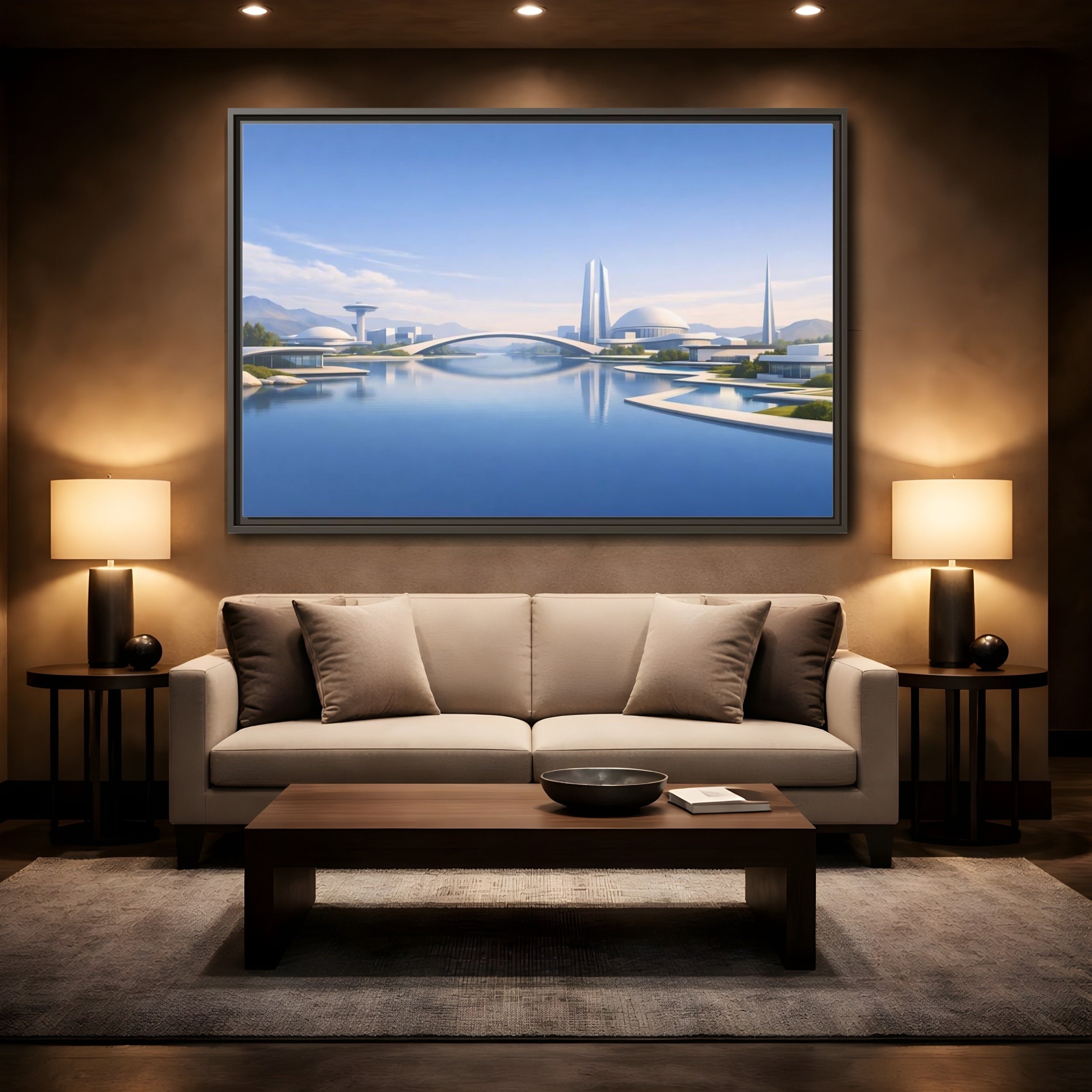 Mockup 2. Science Fiction Futuristic City Blue And White Cityscape shown as stretched canvas wall art