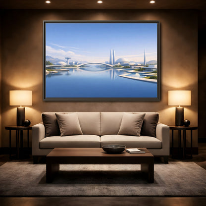Mockup 2. Science Fiction Futuristic City Blue And White Cityscape shown as stretched canvas wall art