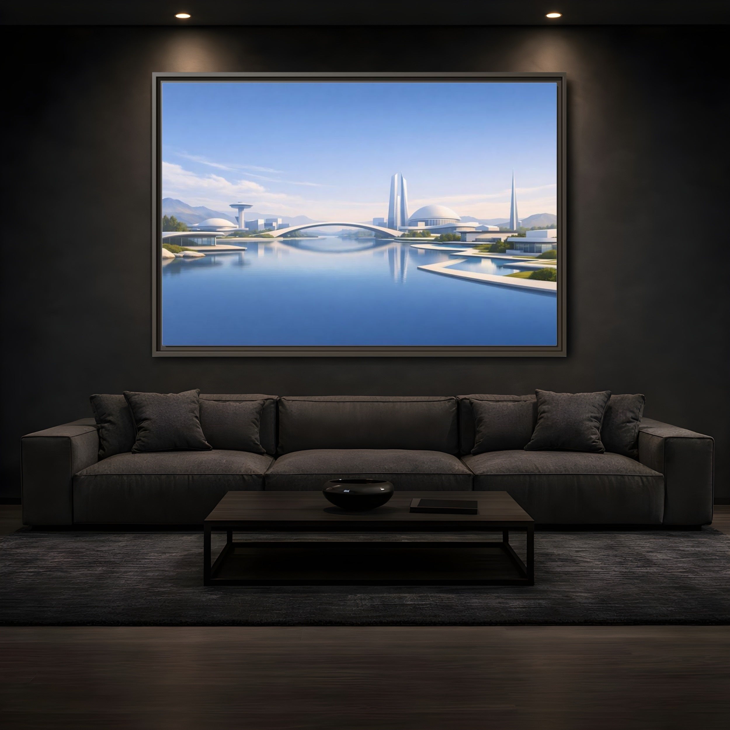 Mockup 3. Science Fiction Futuristic City Blue And White Cityscape shown as stretched canvas wall art