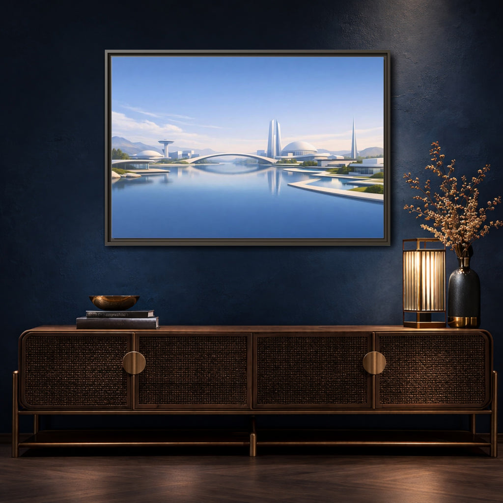 Mockup 4. Science Fiction Futuristic City Blue And White Cityscape shown as stretched canvas wall art