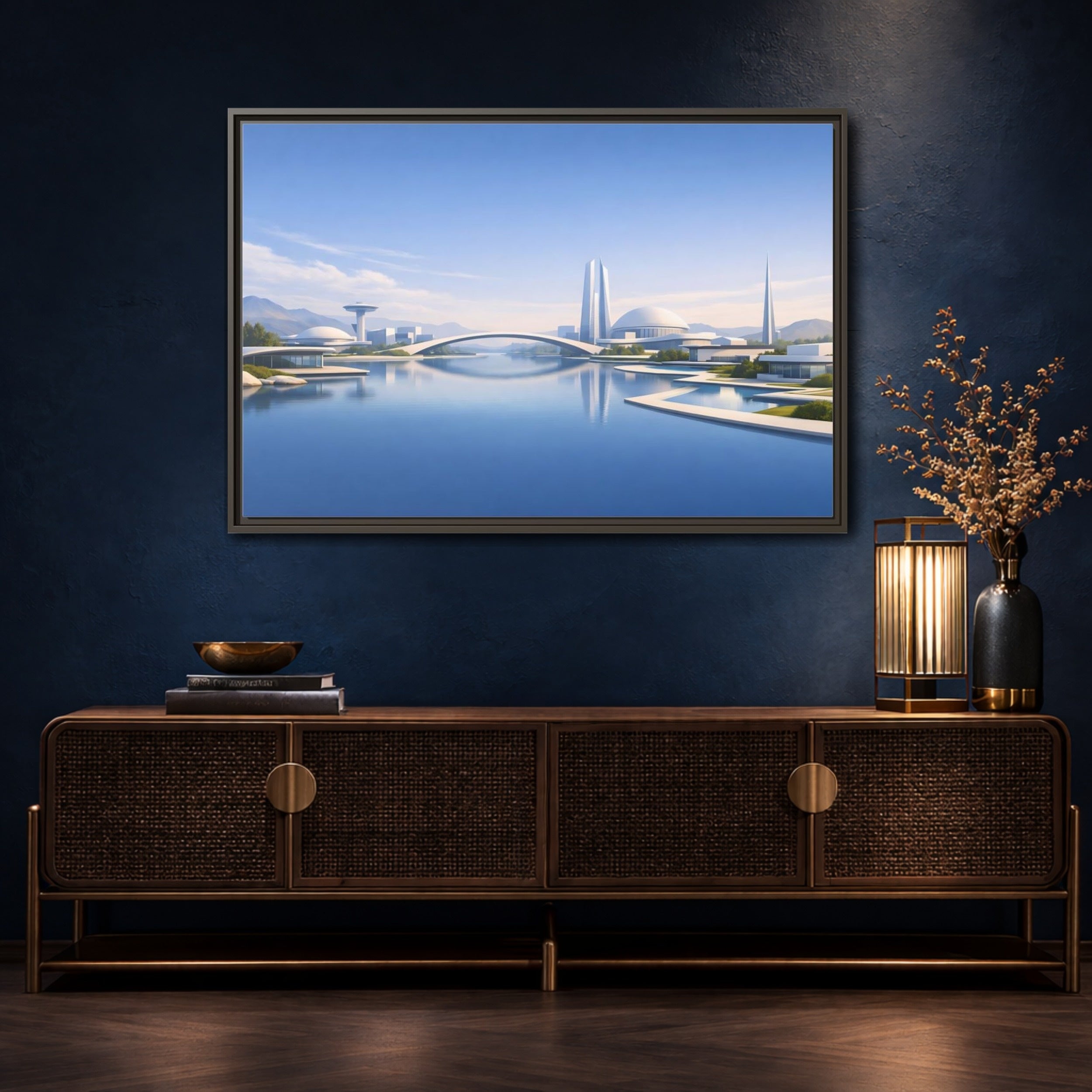 Mockup 4. Science Fiction Futuristic City Blue And White Cityscape shown as stretched canvas wall art