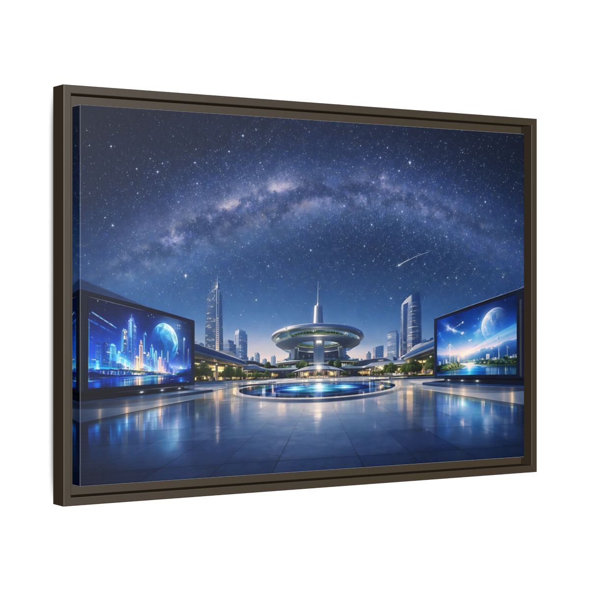 Side Mockup 11. Science Fiction Futuristic City Blue Night Sky shown as stretched canvas wall art