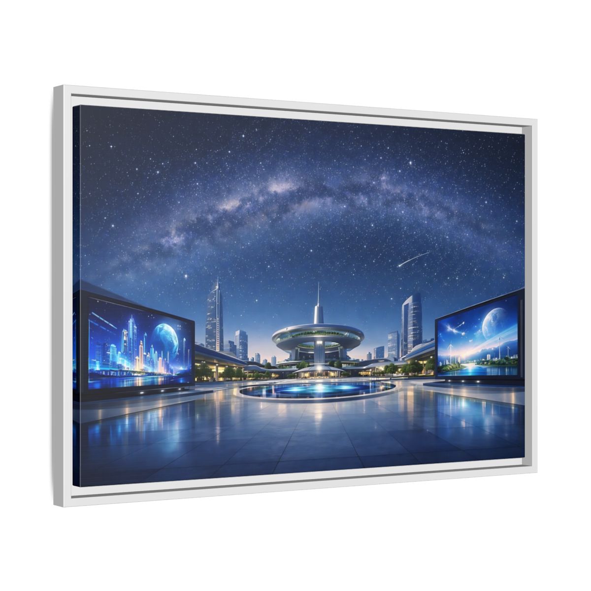 Side Mockup 10. Science Fiction Futuristic City Blue Night Sky shown as stretched canvas wall art