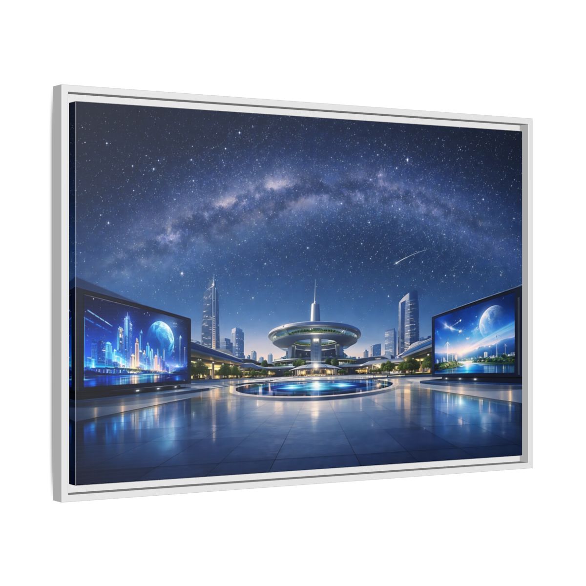 Side Mockup 9. Science Fiction Futuristic City Blue Night Sky shown as stretched canvas wall art
