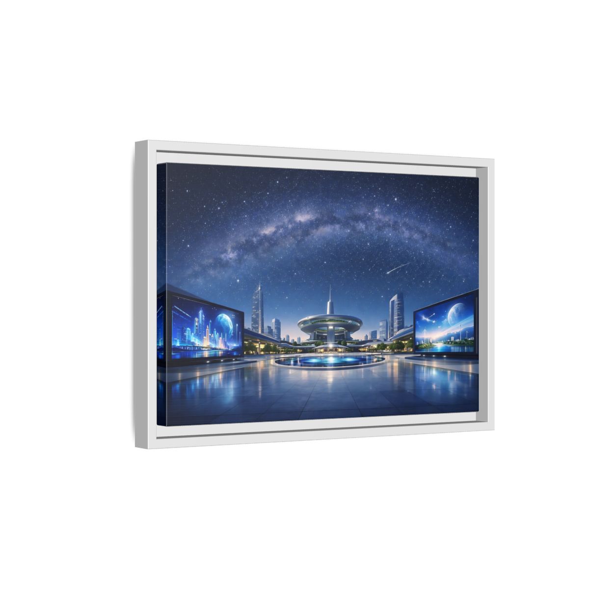 Side Mockup 4. Science Fiction Futuristic City Blue Night Sky shown as stretched canvas wall art