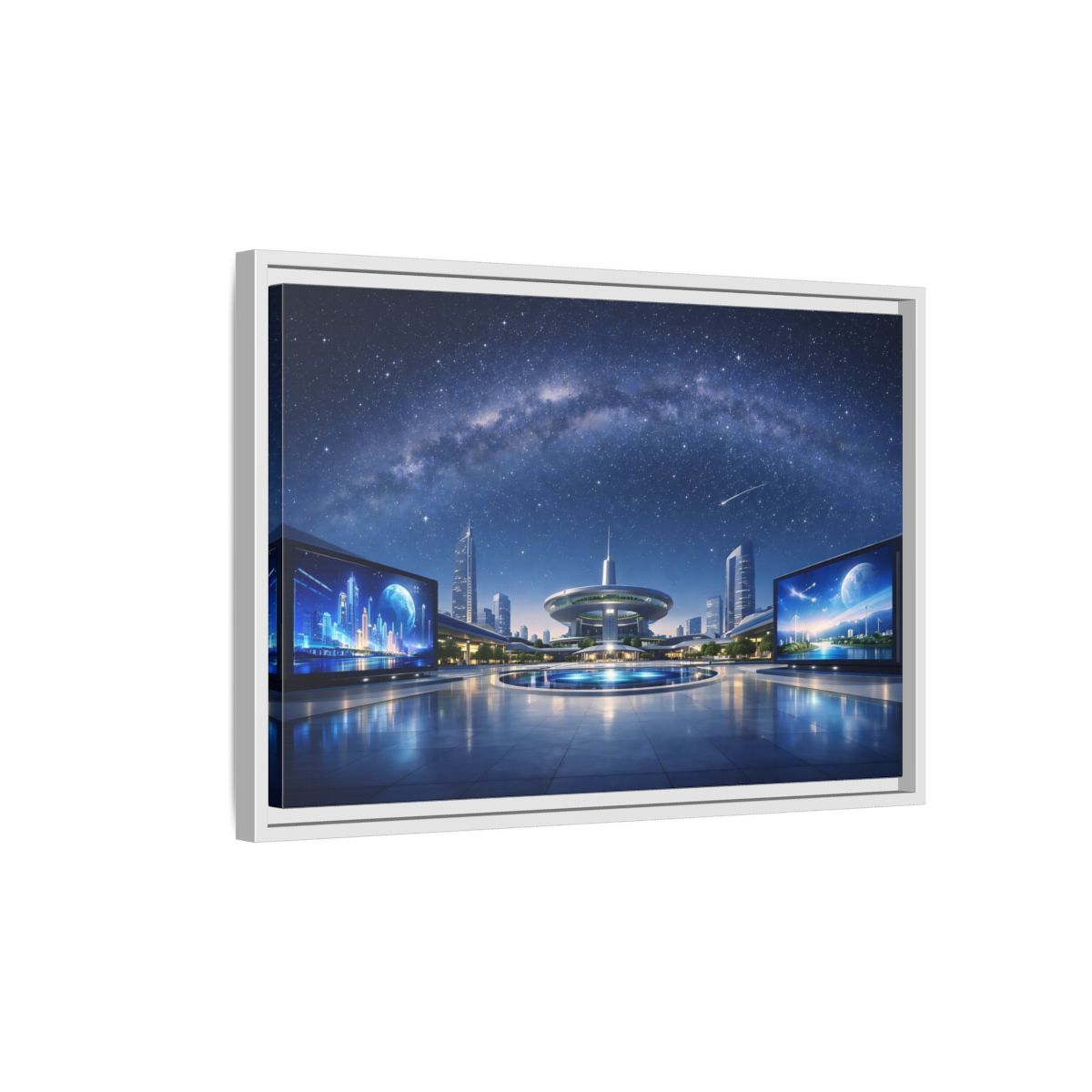 Side Mockup 1. Science Fiction Futuristic City Blue Night Sky shown as stretched canvas wall art