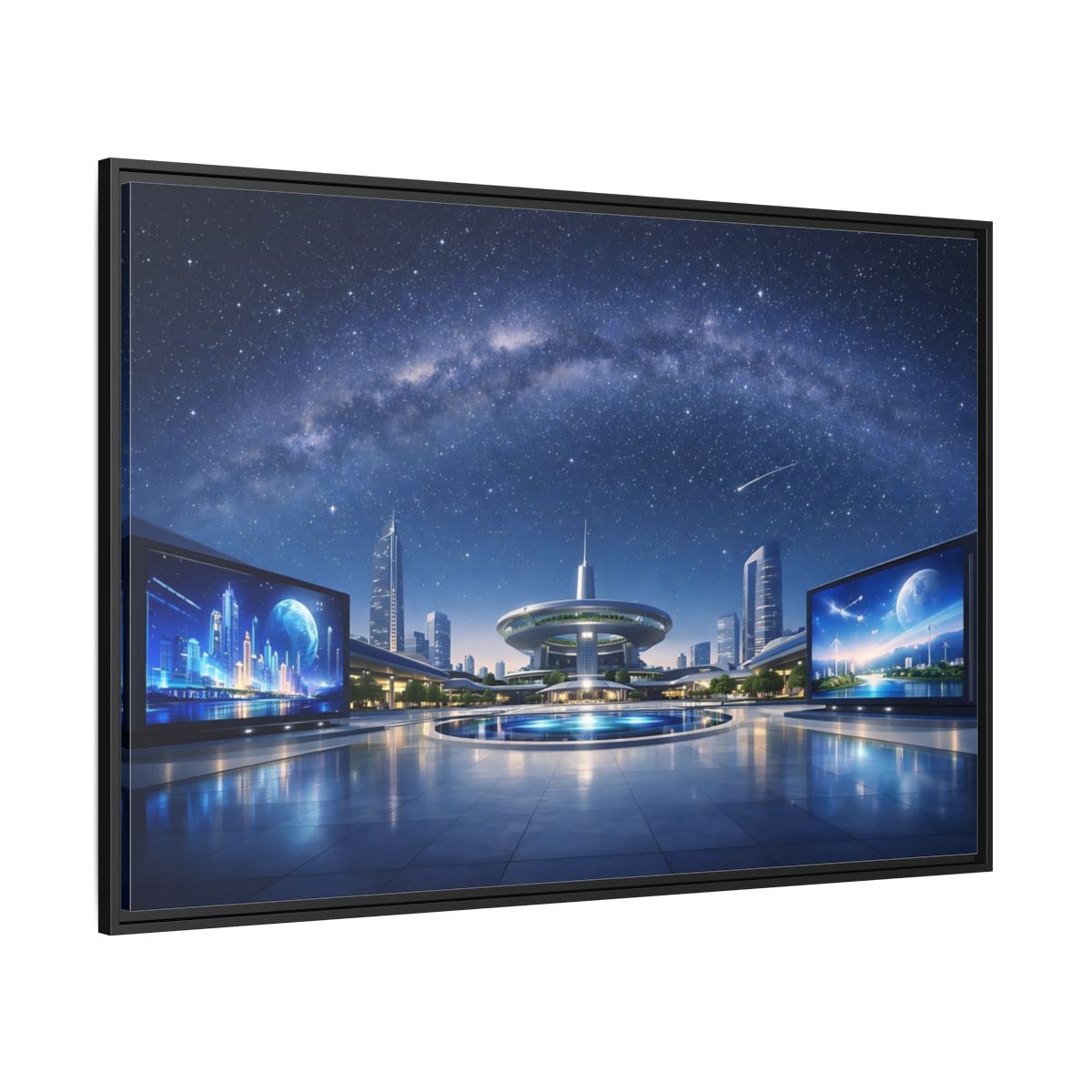 Side Mockup 12. Science Fiction Futuristic City Blue Night Sky shown as stretched canvas wall art