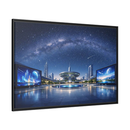 Side Mockup 12. Science Fiction Futuristic City Blue Night Sky shown as stretched canvas wall art