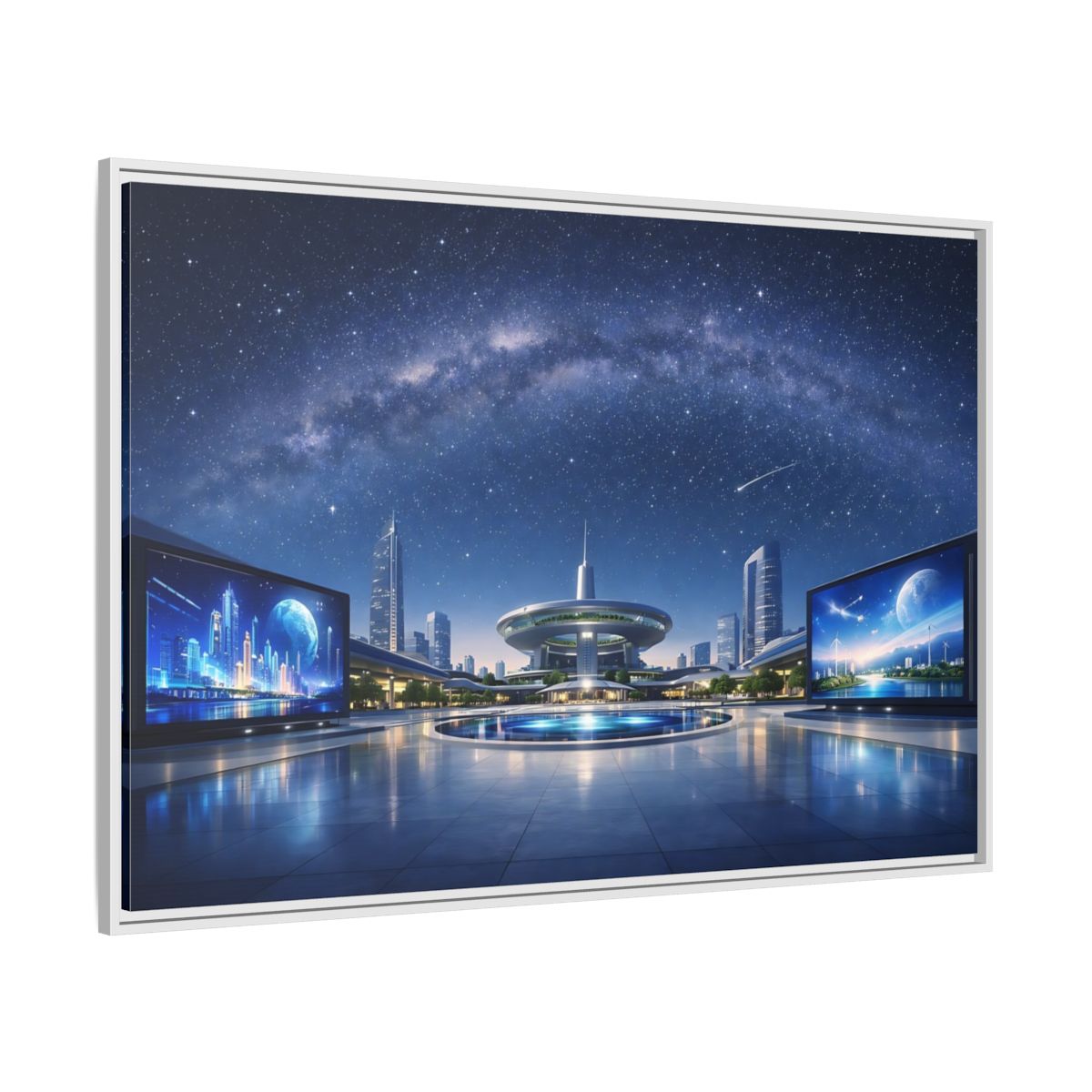 Side Mockup 7. Science Fiction Futuristic City Blue Night Sky shown as stretched canvas wall art