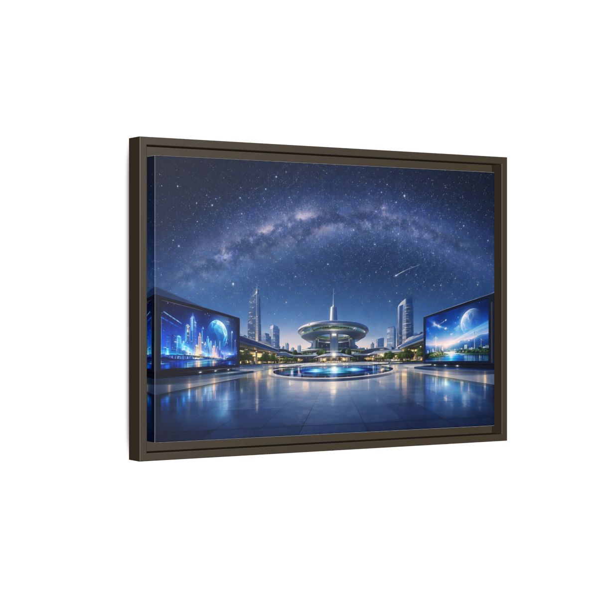 Side Mockup 2. Science Fiction Futuristic City Blue Night Sky shown as stretched canvas wall art