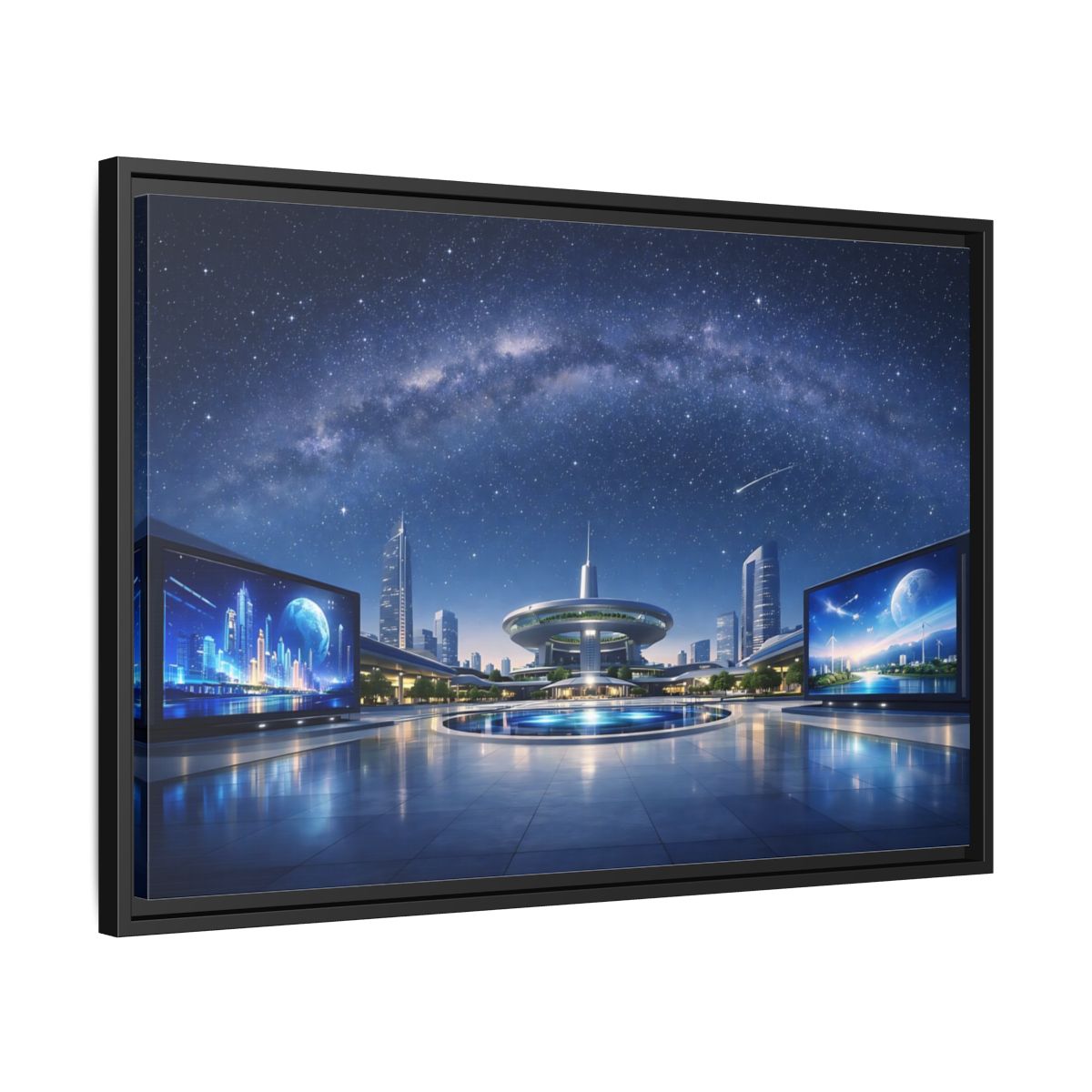 Side Mockup 14. Science Fiction Futuristic City Blue Night Sky shown as stretched canvas wall art